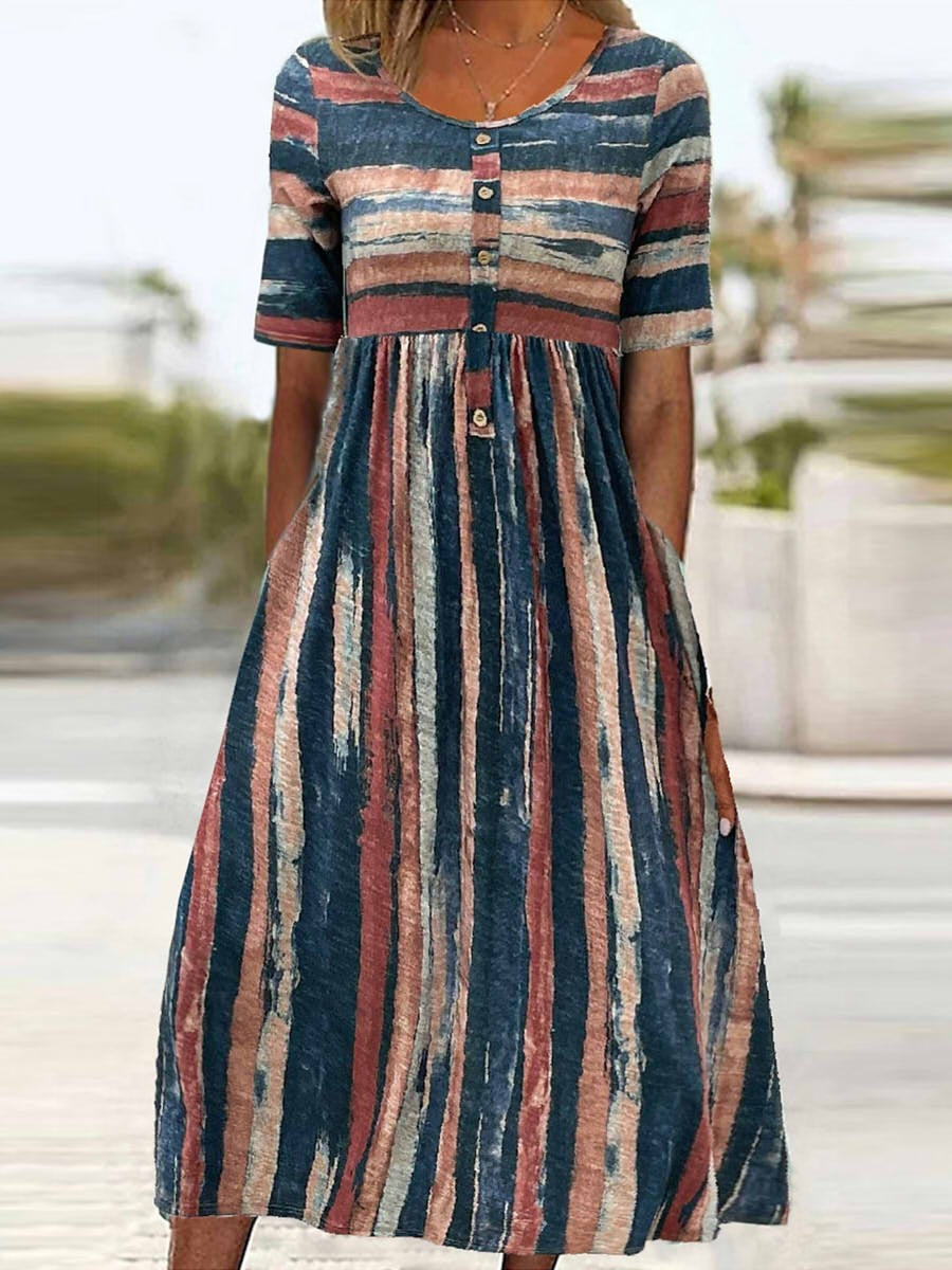 Comfy Striped A-Line Dress with Pockets - Nocini