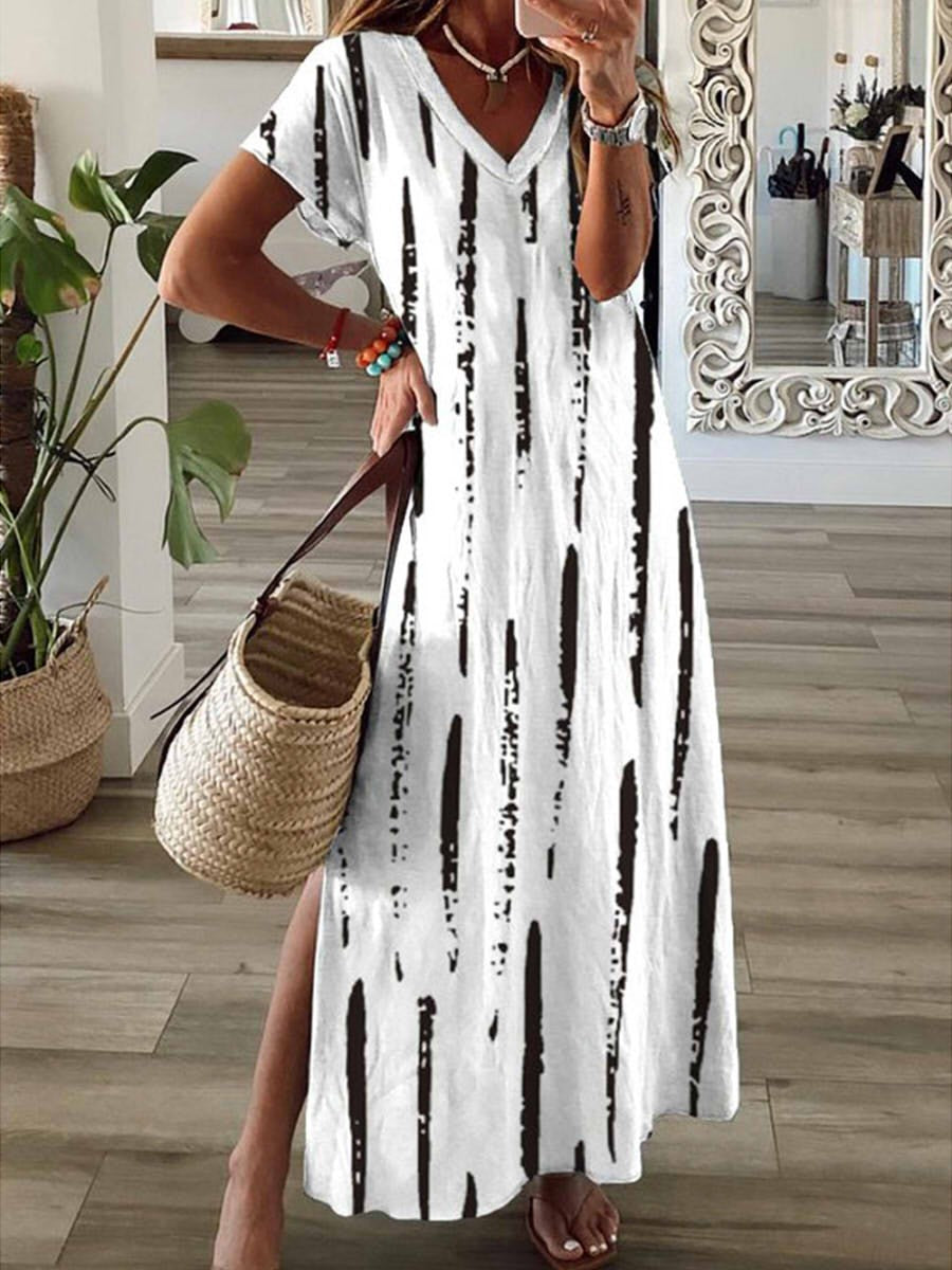 Casual Striped V-Neck Maxi Dress for Women - Nocini