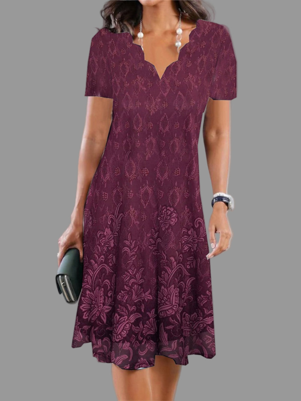Pink Floral Knee Length V Neck Summer Dress - Olytrend