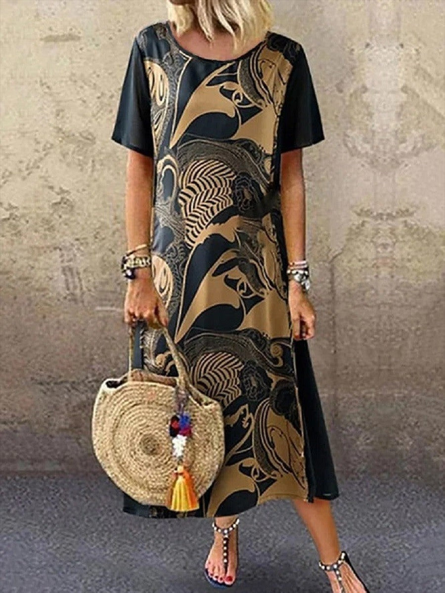 Casual Midi Dress with Short Sleeves and Round Neck - Nocini