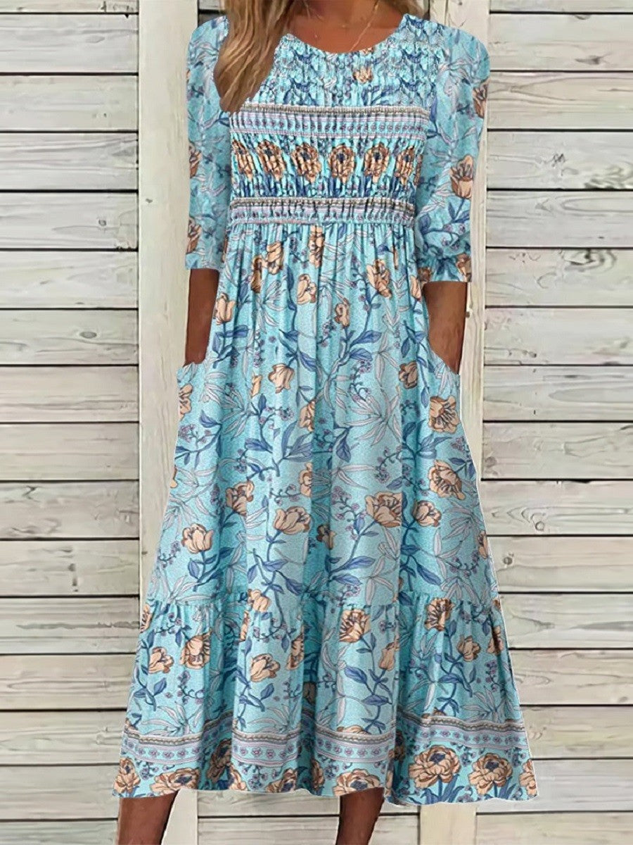 Casual Floral Midi Dress with Puff Sleeves - Nocini