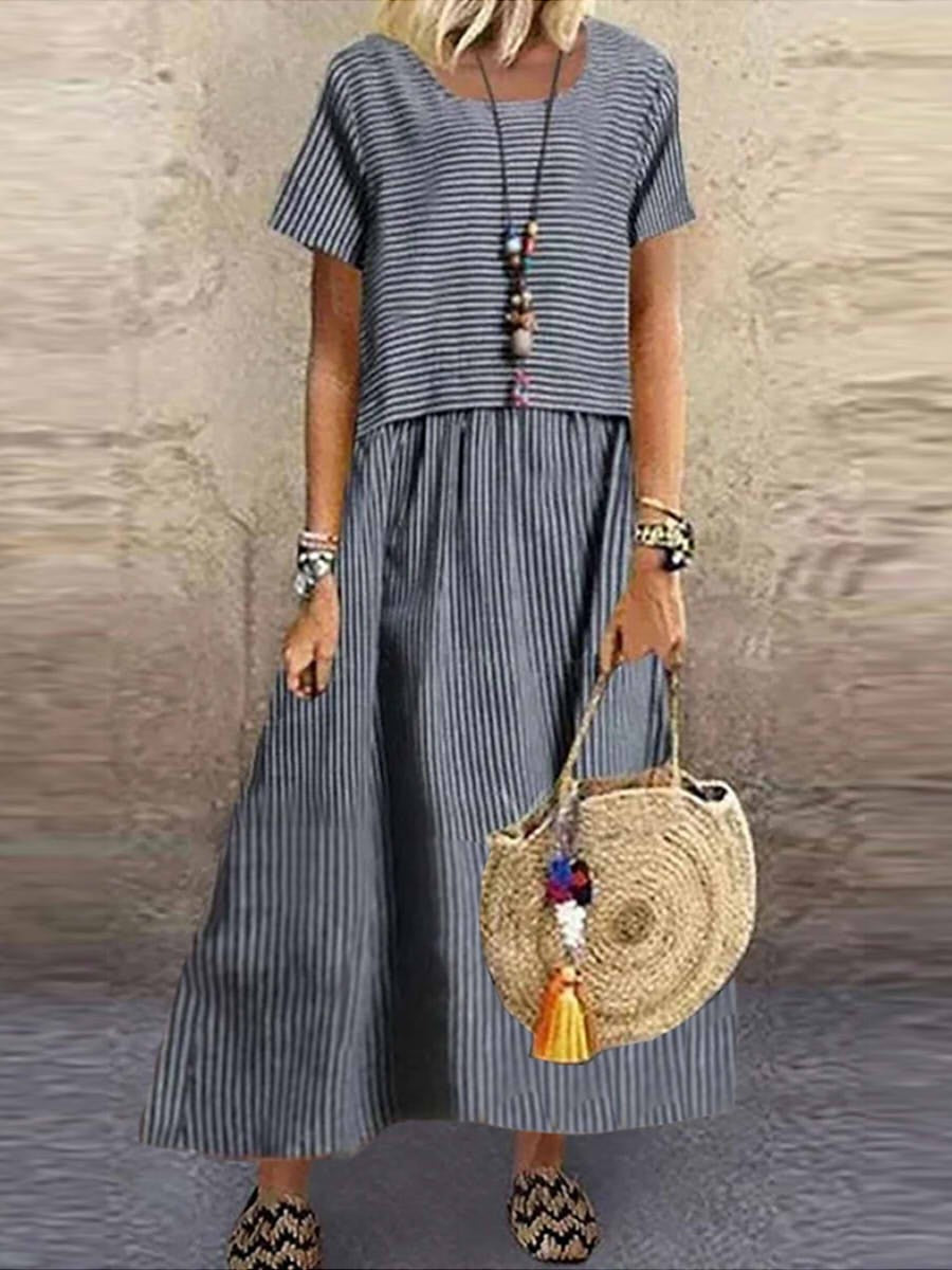 Comfortable Striped Short Sleeve Maxi Dress - Nocini