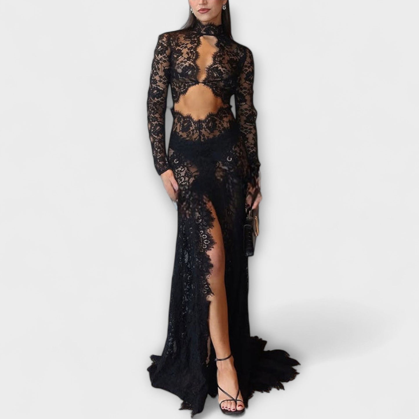 Elegant Black Lace Maxi Evening Dress - Nocini