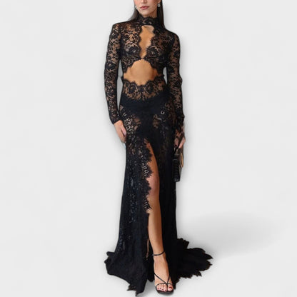 Elegant Black Lace Maxi Evening Dress - Nocini