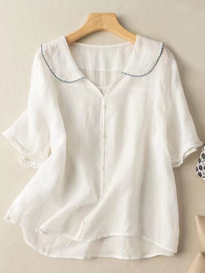 Classic Navy Blue Linen Short Sleeve Ladies Shirt