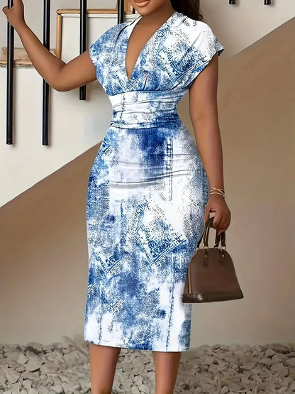 Fit and Flare Midi Bodycon Dress with V Neck