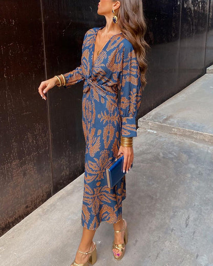 Casual Floral Knee Length Dress with Twist Front