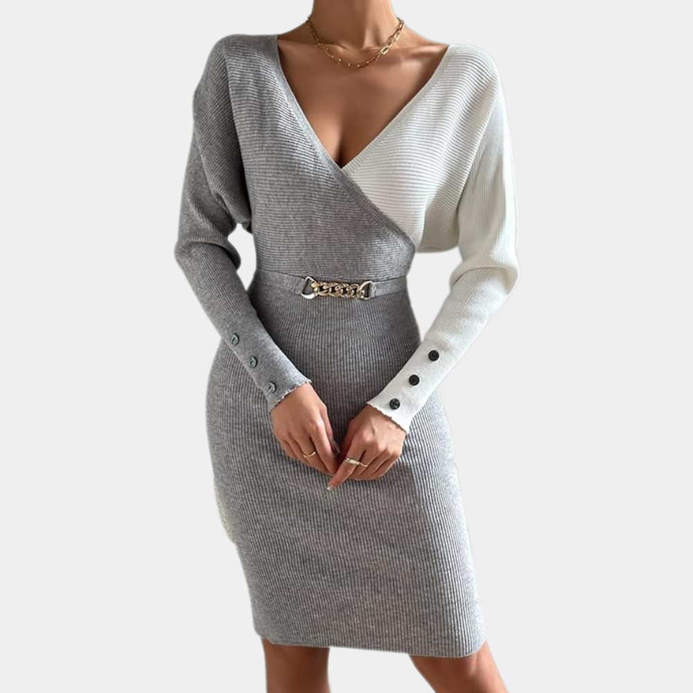 Fitted V Neck Long Sleeve Chain Waist Dress