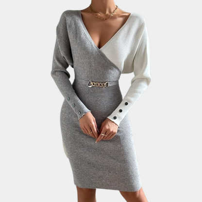 Fitted V Neck Long Sleeve Chain Waist Dress