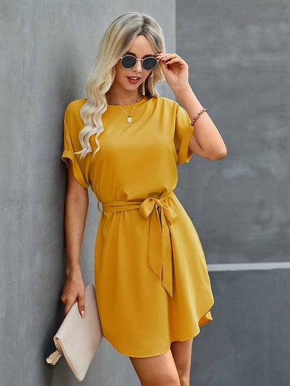 Casual Short Sleeve Belted A-Line Dress - Nocini