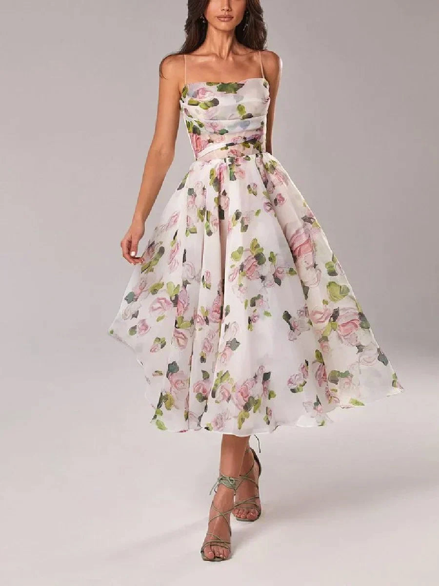 Elegant Knee Length Dress with Thin Straps Floral Pattern - Nocini