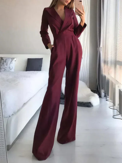 Elegant Long Jumpsuit with V-Neck and Wide Legs