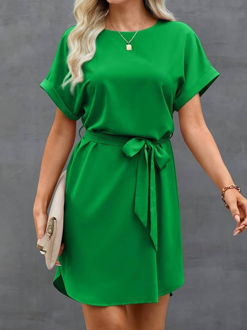 Casual Short Sleeve Belted A-Line Dress