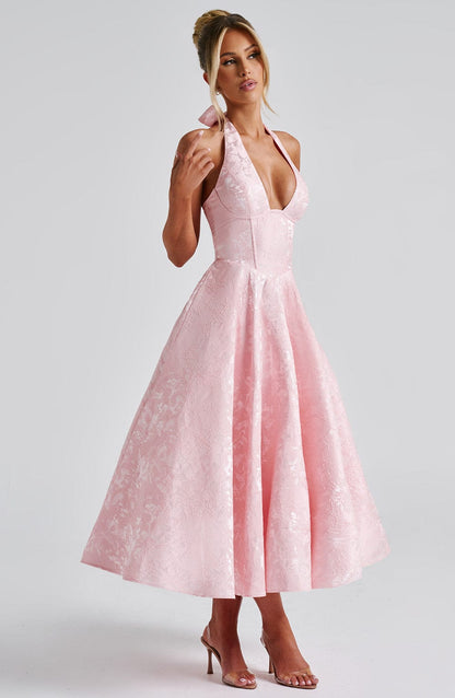Ladies' V Neck Corset Waist Midi Dress with Flared Skirt