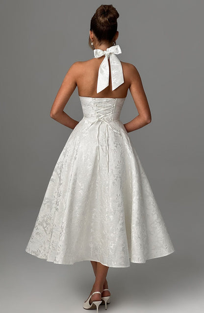 Ladies' V Neck Corset Waist Midi Dress with Flared Skirt