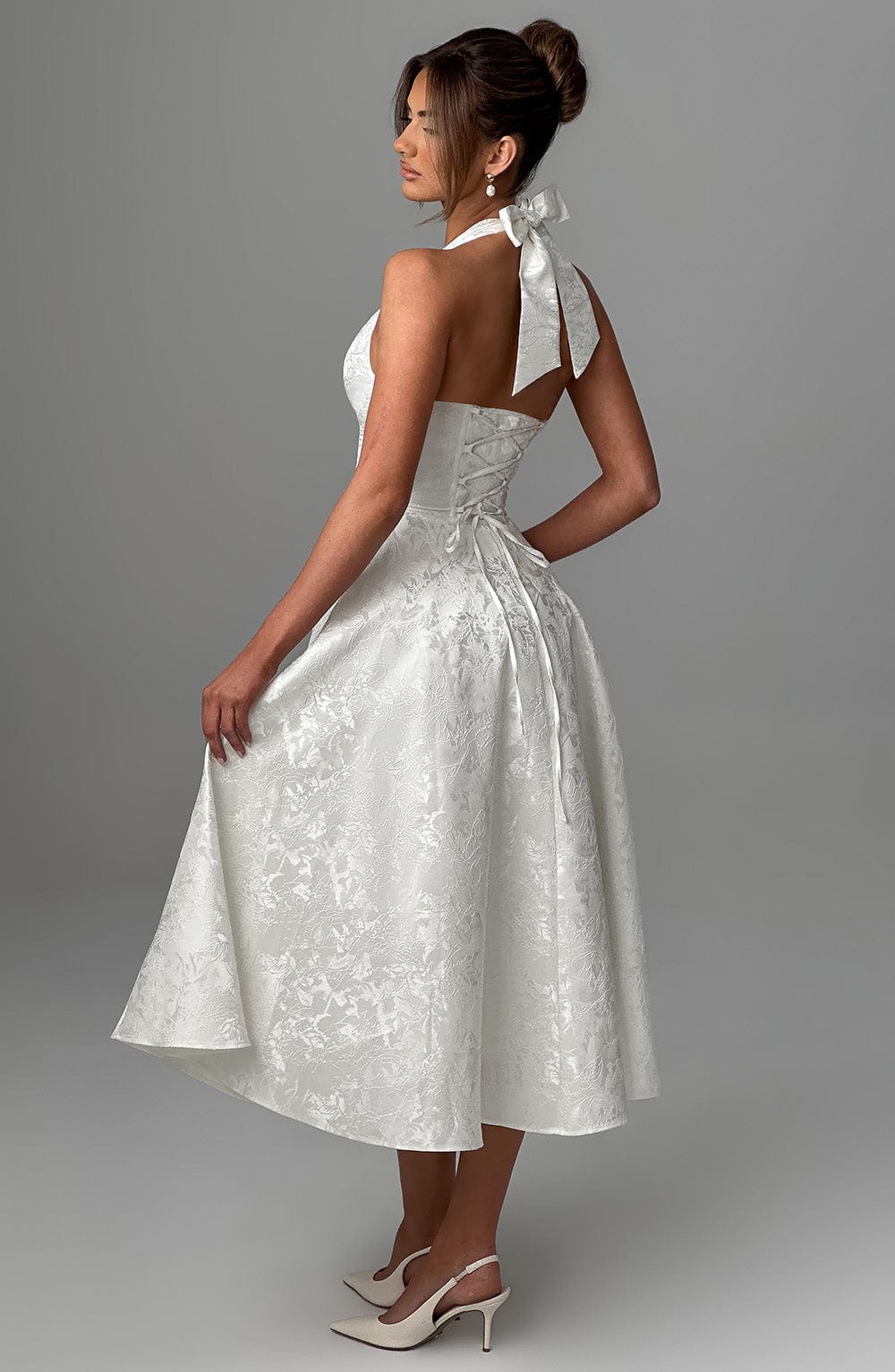 Ladies' V Neck Corset Waist Midi Dress with Flared Skirt