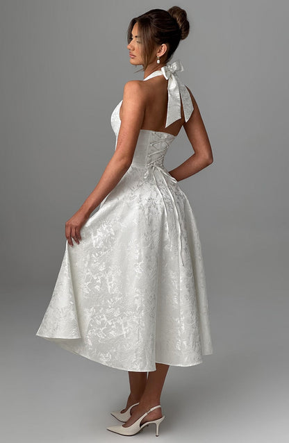 Ladies' V Neck Corset Waist Midi Dress with Flared Skirt