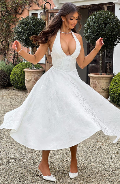 Ladies' V Neck Corset Waist Midi Dress with Flared Skirt