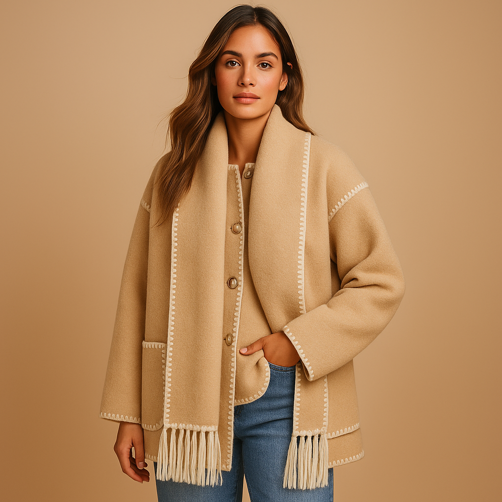 Elegant belted winter coat for women with detachable scarf and warm lining, perfect for everyday wear or special occasions.