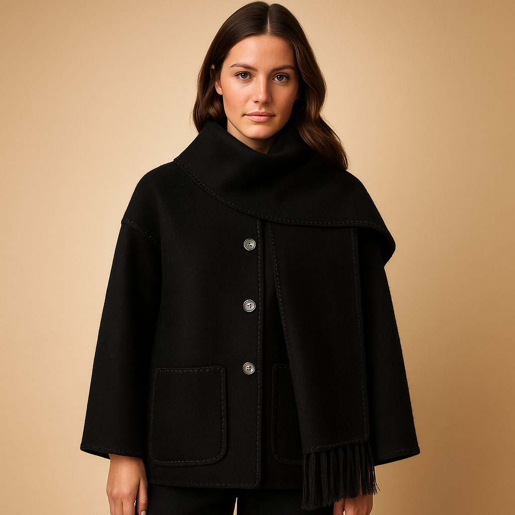 Elegant belted winter coat for women with detachable scarf and warm lining, perfect for everyday wear or special occasions.