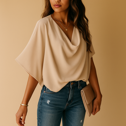 Lightweight women’s chiffon blouse with batwing sleeves and V-neck, perfect for everyday wear or casual occasions.
