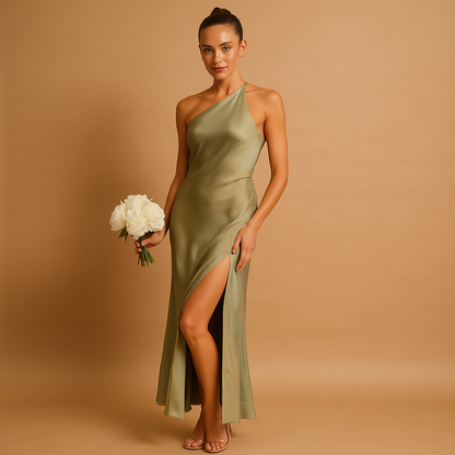 Women’s elegant evening dress with asymmetrical slit, slim fit, and stretchable fabric. Perfect for galas, formal dinners, parties, and special occasions.