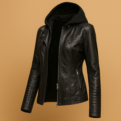 Women’s elegant hooded jacket with a tailored fit, detachable knitted hood, and double zipper, suitable for daily wear, city trips, and evening outings.