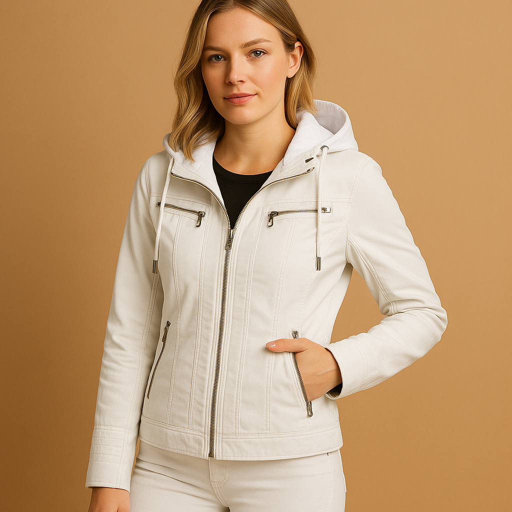 Women’s elegant hooded jacket with a tailored fit, detachable knitted hood, and double zipper, suitable for daily wear, city trips, and evening outings.
