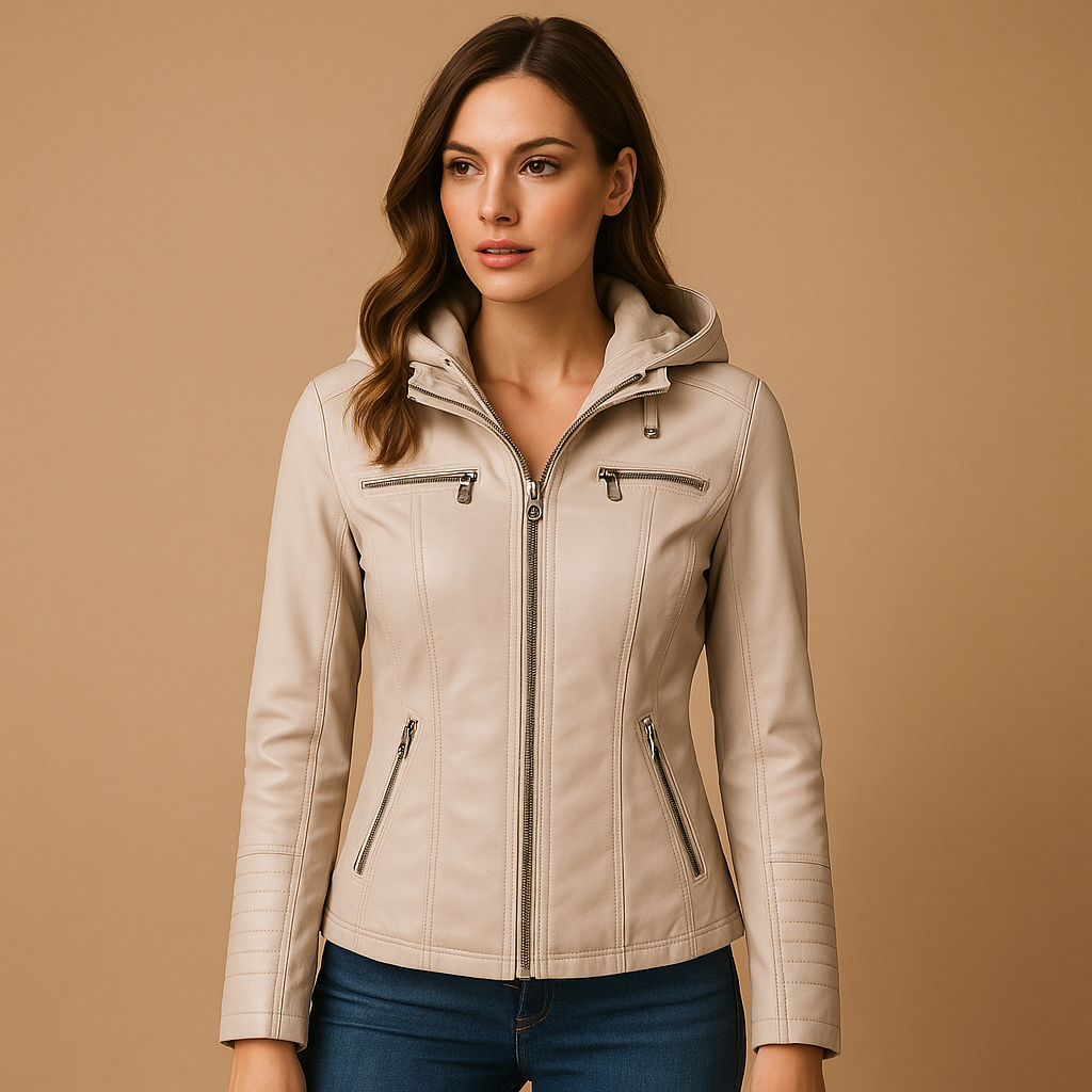 Women’s elegant hooded jacket with a tailored fit, detachable knitted hood, and double zipper, suitable for daily wear, city trips, and evening outings.