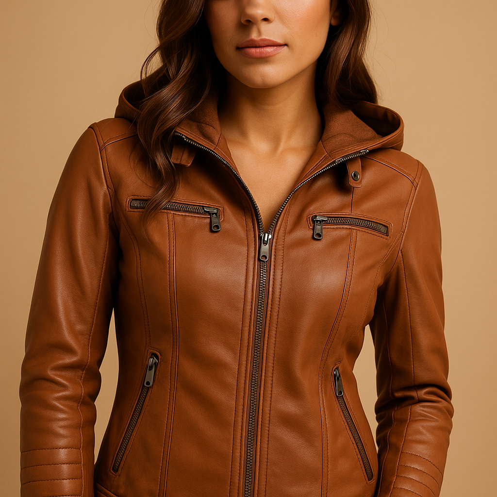 Women’s elegant hooded jacket with a tailored fit, detachable knitted hood, and double zipper, suitable for daily wear, city trips, and evening outings.