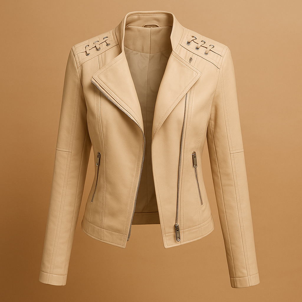 Women’s elegant jacket with a smooth fit, stand-up collar, and silver zipper details, suitable for casual and polished spring and autumn looks.
