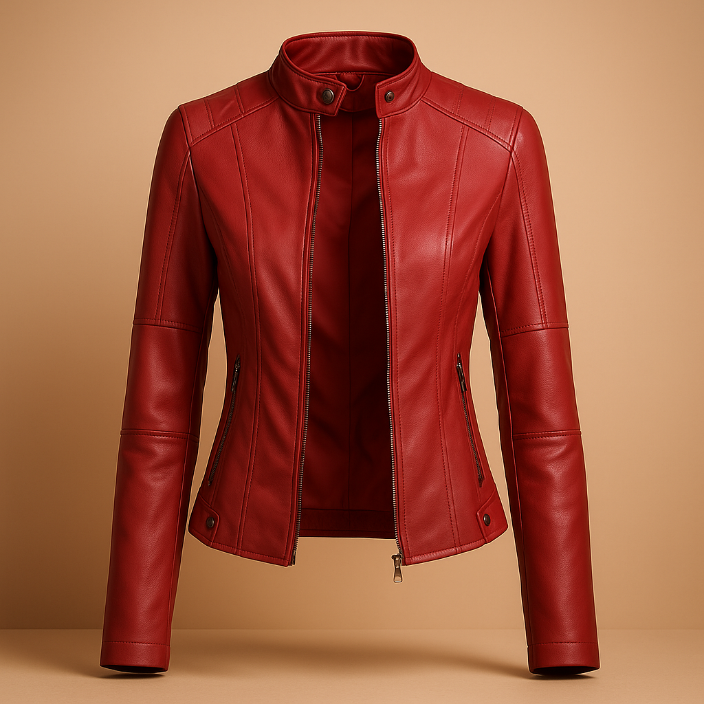 Elegant women’s jacket with symmetric zipper and snap-button collar, perfect for autumn and spring outfits.