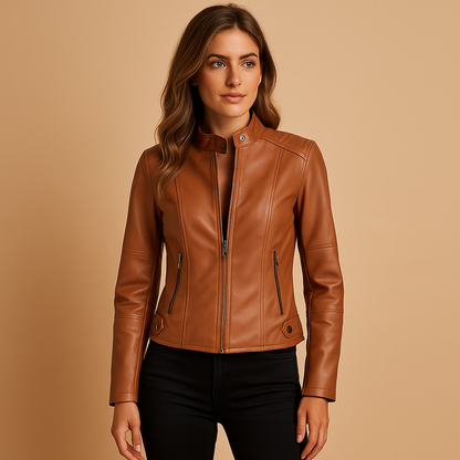 Elegant women’s jacket with symmetric zipper and snap-button collar, perfect for autumn and spring outfits.
