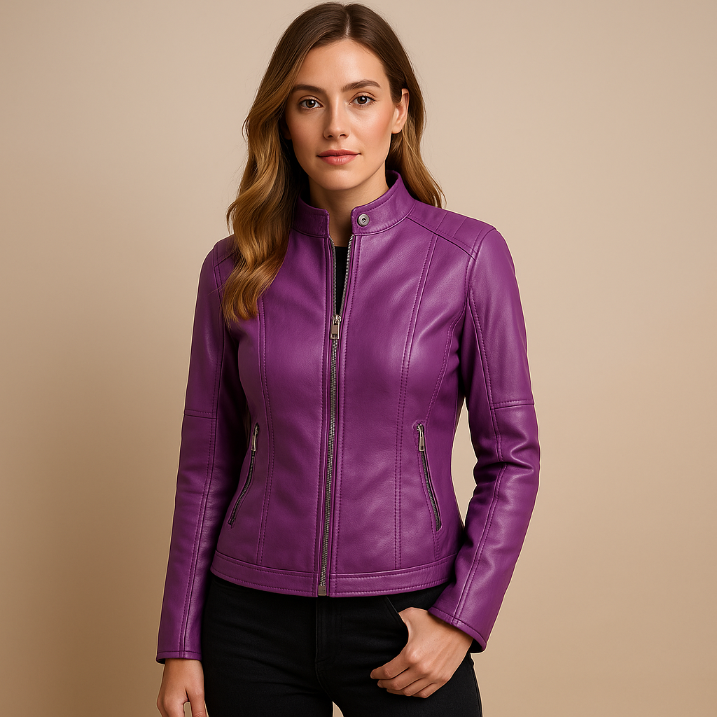 Elegant women’s jacket with symmetric zipper and snap-button collar, perfect for autumn and spring outfits.
