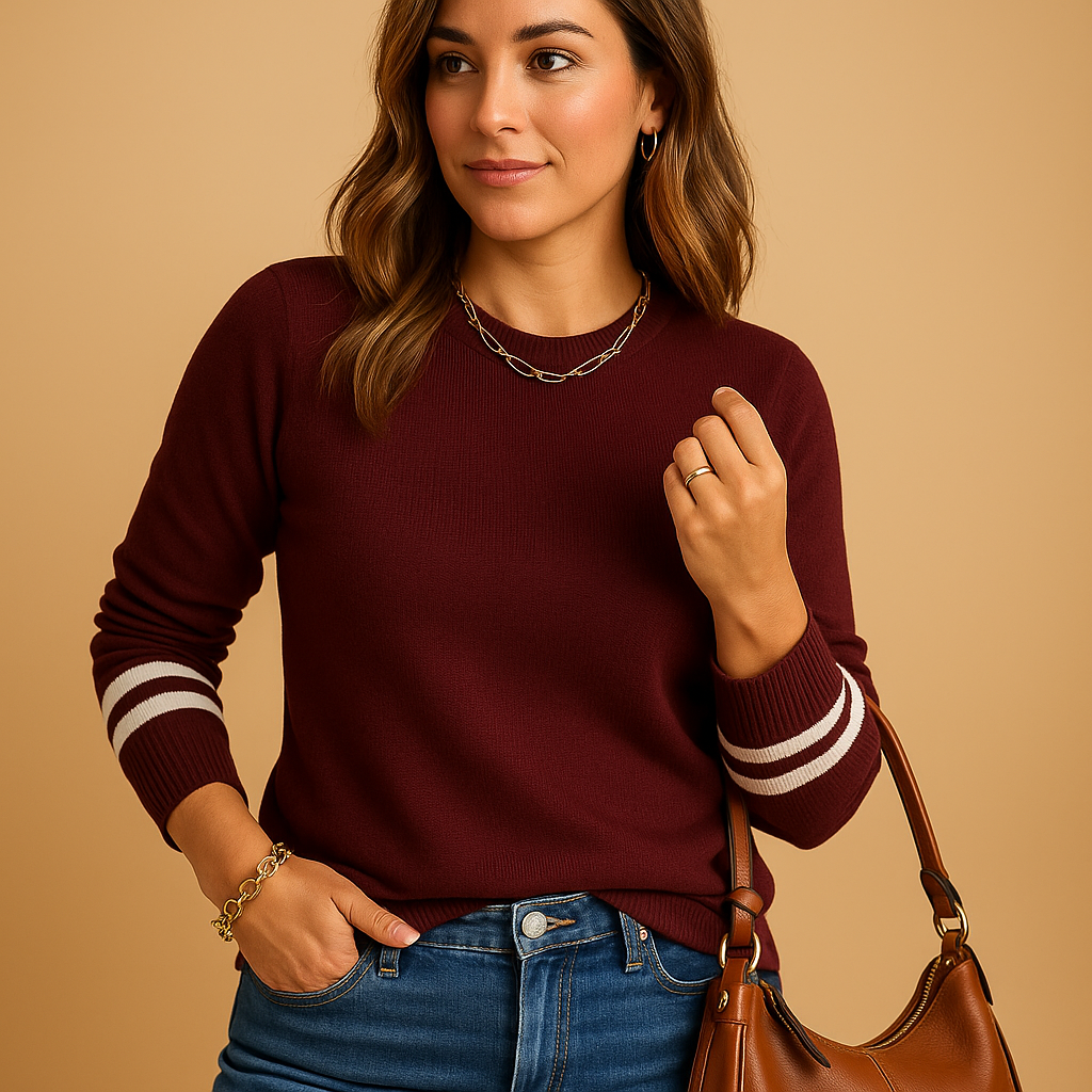 Women’s elegant knitted sweater with striped sleeves, relaxed flattering fit, and breathable knit fabric, perfect for casual or stylish transitional looks.