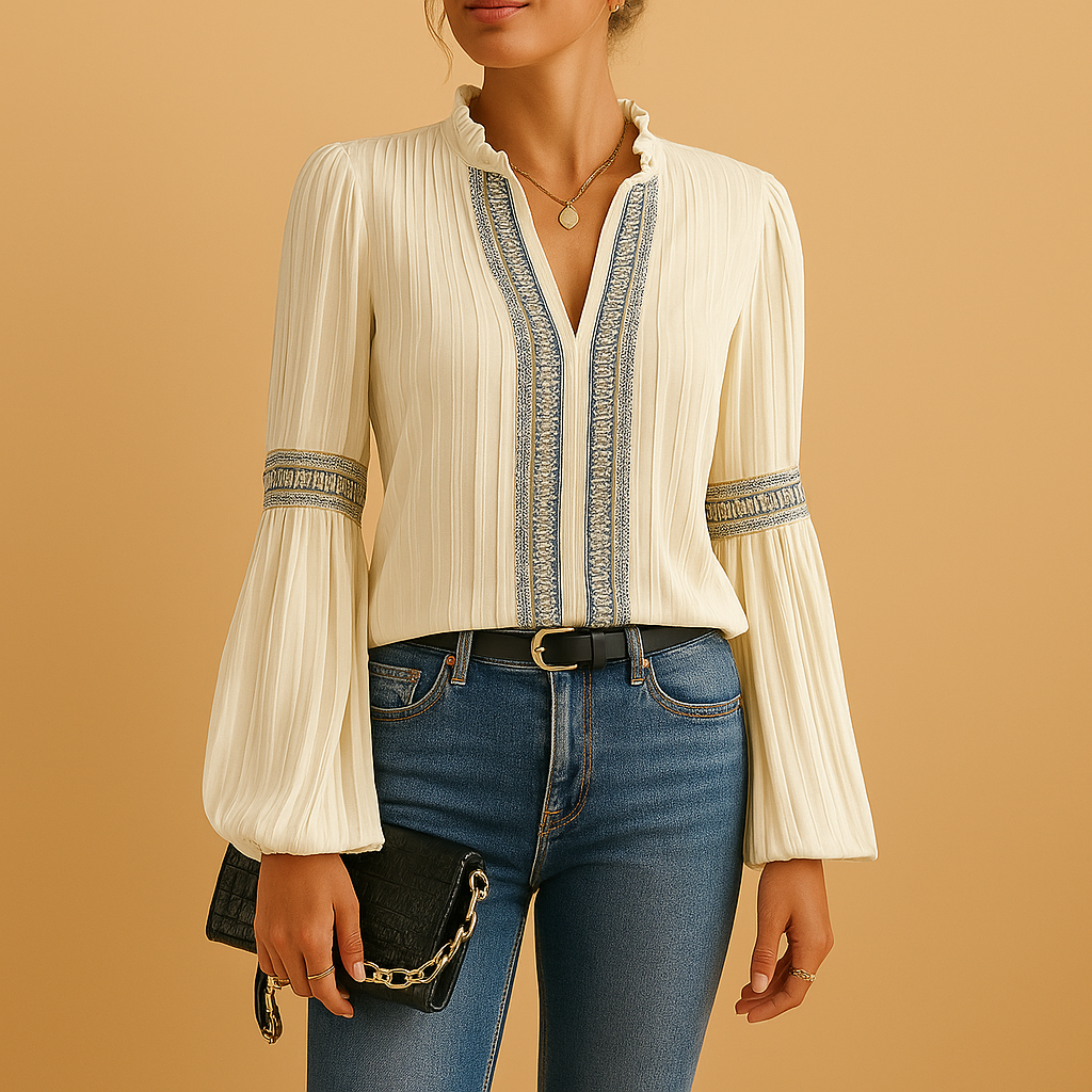 Elegant lace blouse for women with lantern sleeves and a loose comfortable fit, suitable for work, casual days, and stylish evening outfits.