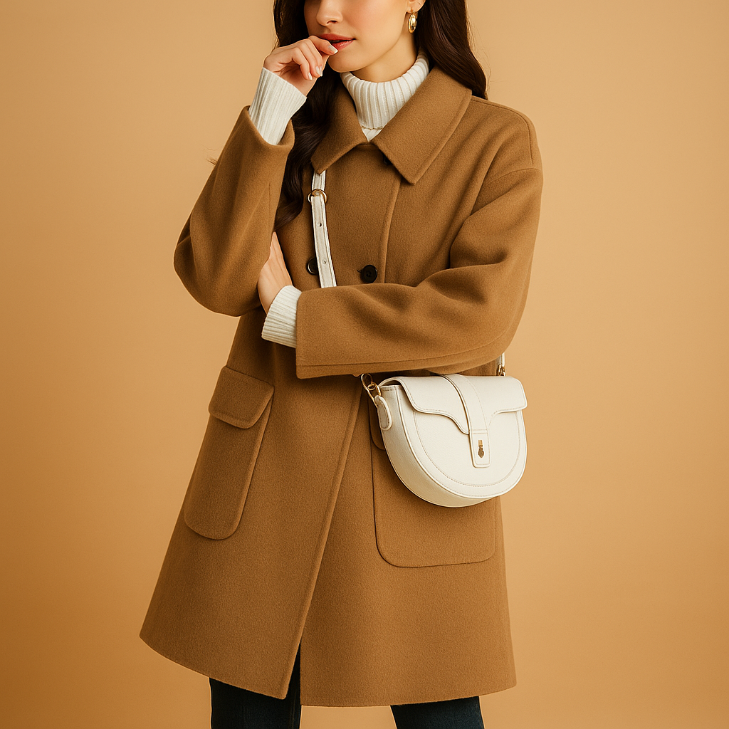 Women’s elegant long coat with a relaxed feminine silhouette and minimalist design, suitable for everyday wear and seasonal layering.