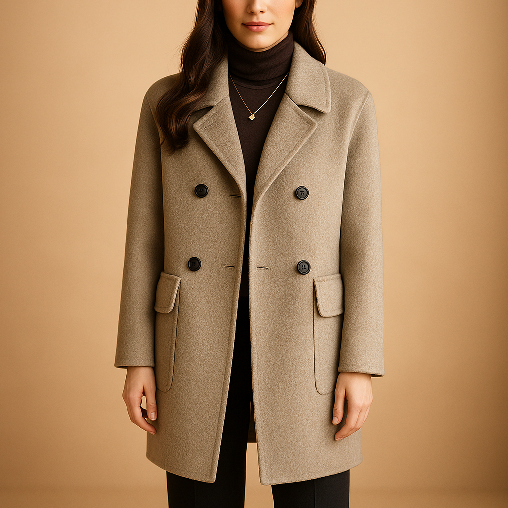 Women’s elegant long coat with a relaxed feminine silhouette and minimalist design, suitable for everyday wear and seasonal layering.