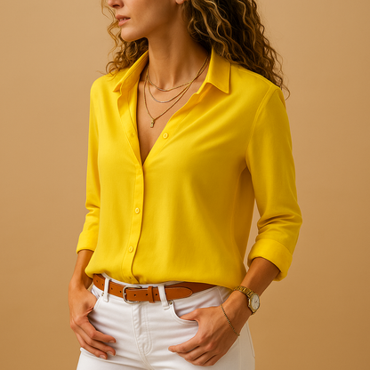 Women’s elegant long sleeve blouse with V-neck and button closure, perfect for work, casual, or evening wear.