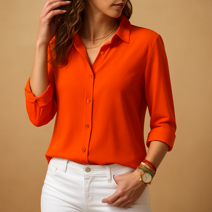 Women’s elegant long sleeve blouse with V-neck and button closure, perfect for work, casual, or evening wear.