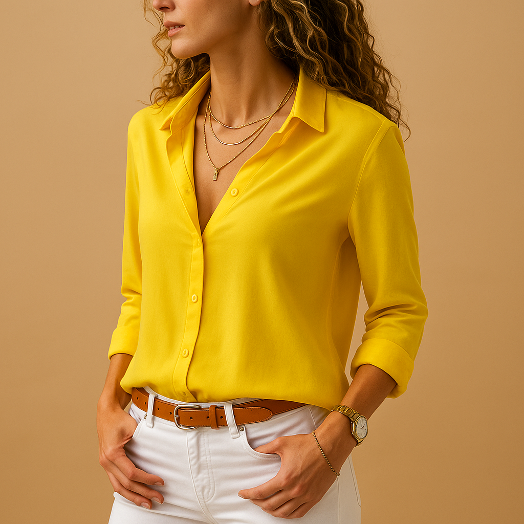 Women’s elegant long sleeve V-neck blouse with button closure and a flattering slim fit, suitable for daily wear, work, and evening occasions.