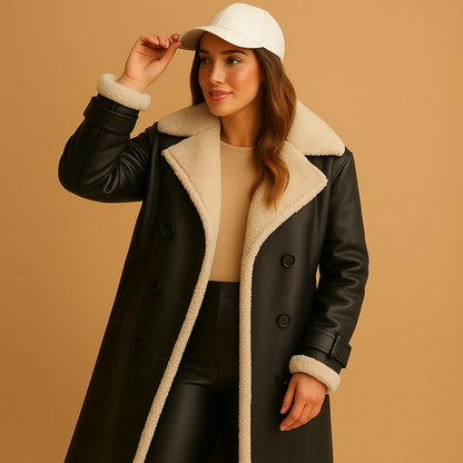 Women’s elegant long winter coat with lapel collar and long sleeves, suitable for cold days and stylish everyday or evening wear.