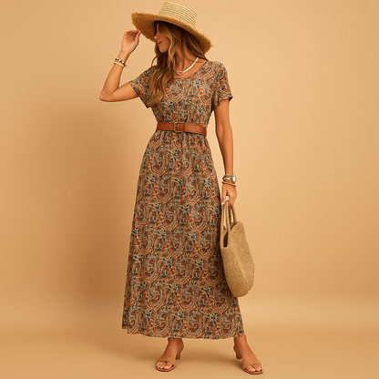 Elegant maxi dress for women named Dahlia, featuring a V-neckline, short sleeves, and elastic waist with belt, ideal for work, holidays, or casual outings.