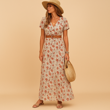 Chic Long Dress with Waist Belt for Ladies