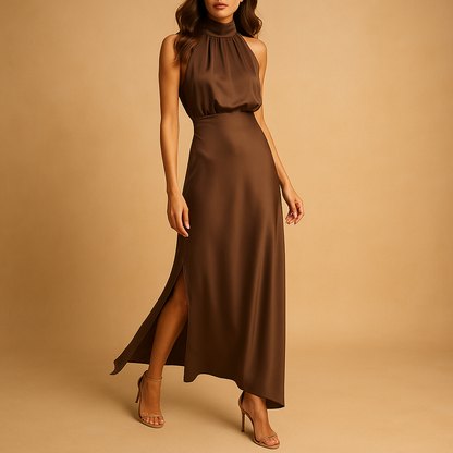Women’s elegant maxi dress with slit, featuring a flowing fit and breathable fabric. Perfect for summer, casual wear, and special occasions.