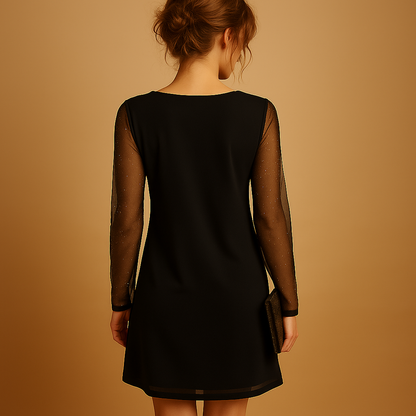 Elegant black mini dress for women featuring a V-neckline and long sleeves, perfect for parties, evening wear, or casual chic outfits.