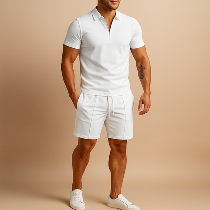 Two-piece summer set for men with elegant polo and matching shorts. Slim fit design, breathable fabric, perfect for vacations, dinners, and casual days.