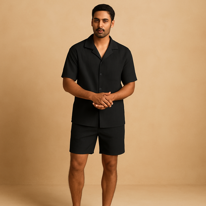 Men’s two-piece elegant summer outfit with button details and lightweight fabric, ideal for stylish casual wear and summer occasions.