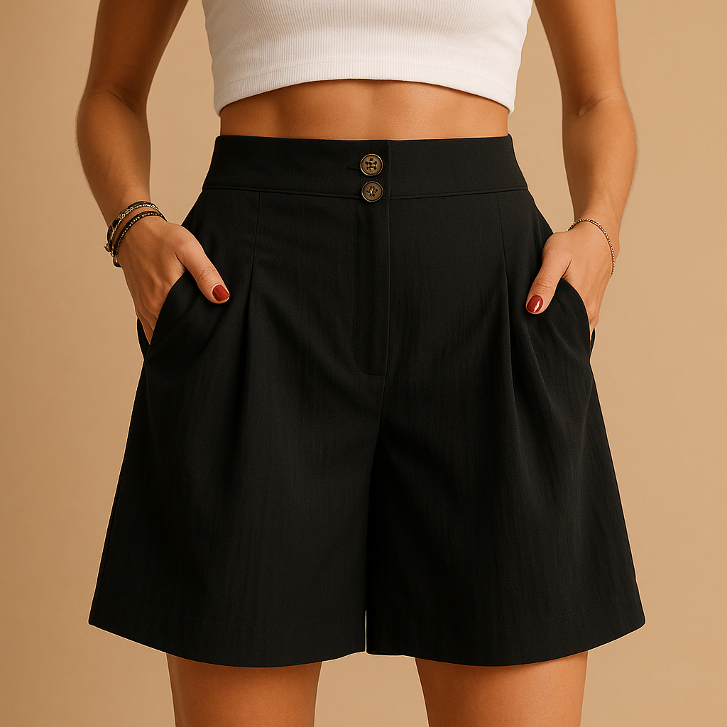 Women’s elegant summer shorts with double button detail and flattering fit, perfect for brunch, garden parties, and everyday summer wear.