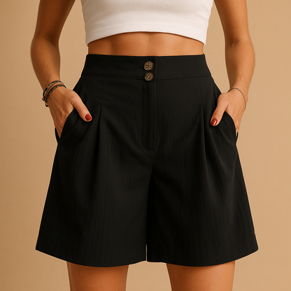 Women’s elegant summer shorts with double button detail and flattering fit, perfect for brunch, garden parties, and everyday summer wear.